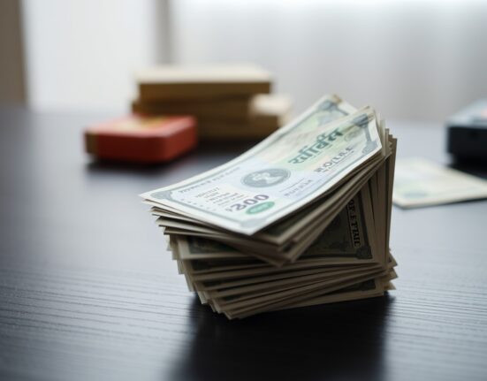 Close-up of Indian rupee banknotes stacked on a wooden desk with US dollar bills blurred in the background.
