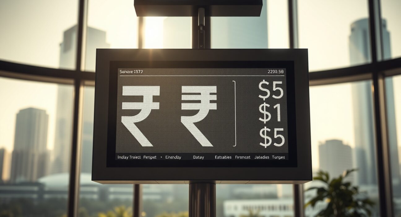 Digital currency exchange board showing Indian Rupee and US dollar rates in a modern bank lobby.