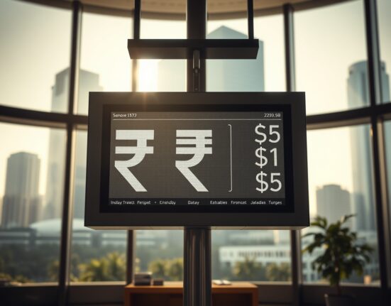 Digital currency exchange board showing Indian Rupee and US dollar rates in a modern bank lobby.