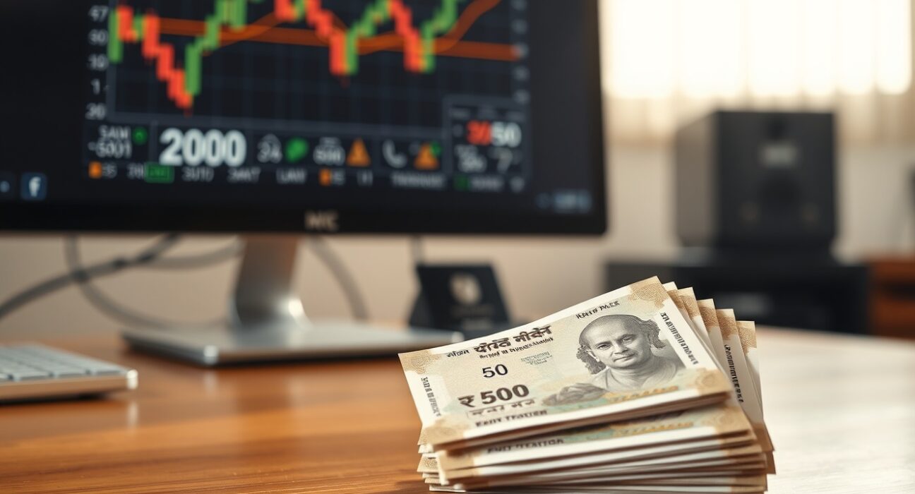 Stack of Indian rupee banknotes with a blurred forex chart in the background