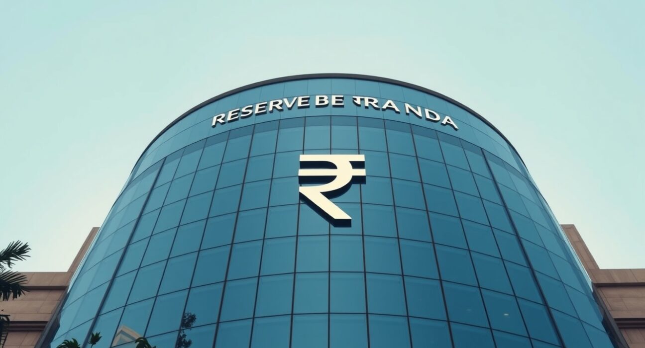 Reserve Bank of India headquarters in Mumbai with rupee symbol reflection