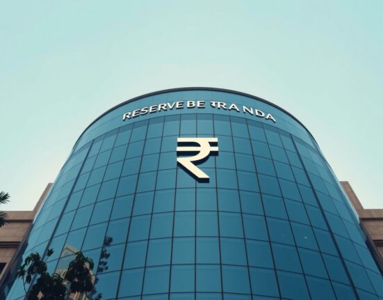 Reserve Bank of India headquarters in Mumbai with rupee symbol reflection