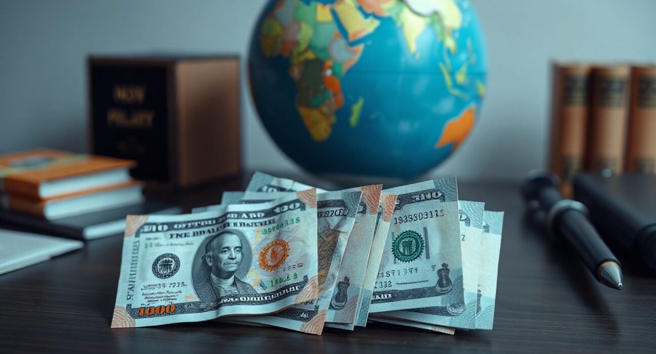 Indian Rupee and US Dollar banknotes arranged on a desk with a blurred globe in the background, representing forex market and geopolitical news.