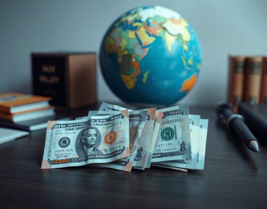 Indian Rupee and US Dollar banknotes arranged on a desk with a blurred globe in the background, representing forex market and geopolitical news.