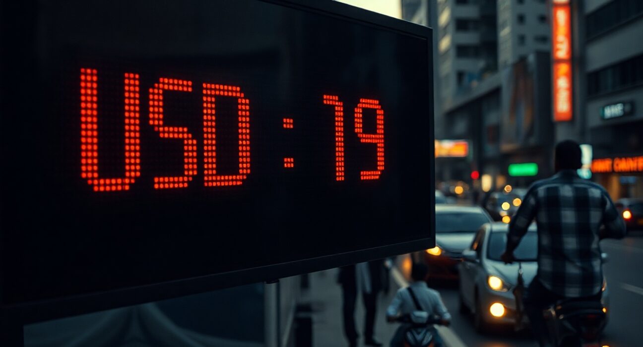 USD/INR exchange rate board in a financial district at dusk, reflecting market pressure
