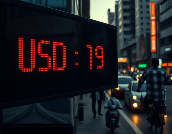 USD/INR exchange rate board in a financial district at dusk, reflecting market pressure