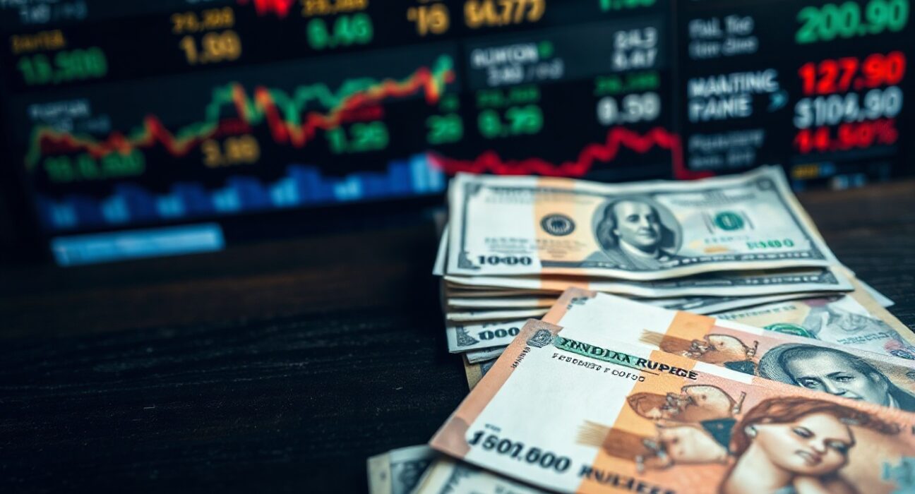 Indian rupee and US dollar banknotes scattered on a table, representing currency market volatility amid geopolitical tensions.