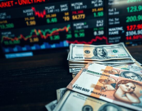 Indian rupee and US dollar banknotes scattered on a table, representing currency market volatility amid geopolitical tensions.