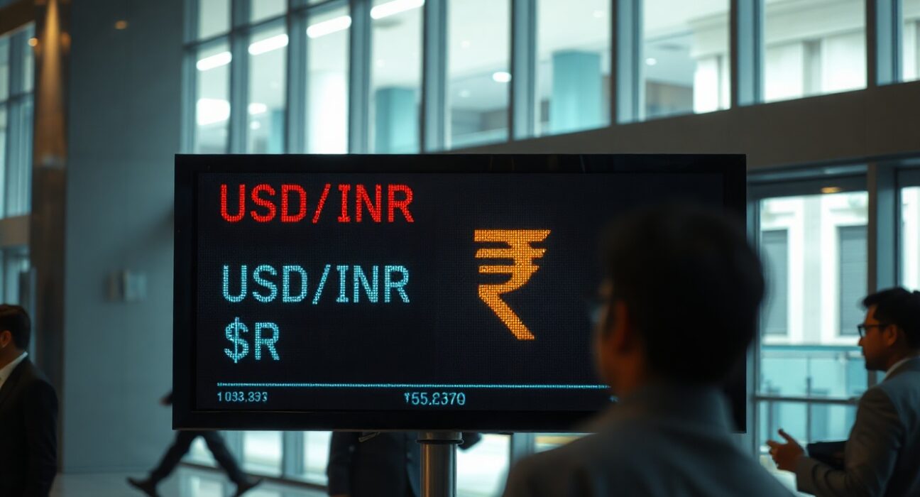 Digital forex board showing USD/INR exchange rate in a Mumbai bank lobby