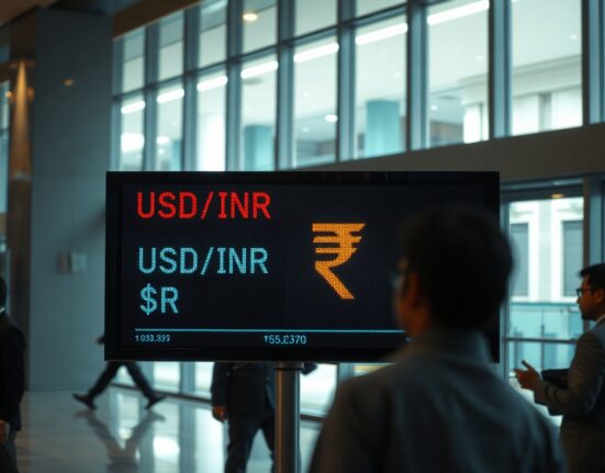 Digital forex board showing USD/INR exchange rate in a Mumbai bank lobby