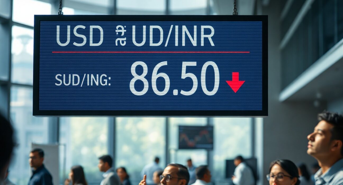 Currency exchange board showing falling Indian Rupee against US Dollar in Mumbai financial district