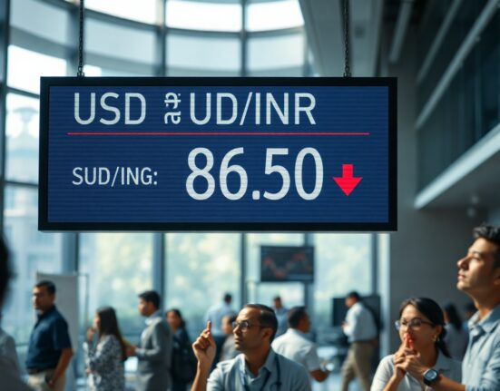 Currency exchange board showing falling Indian Rupee against US Dollar in Mumbai financial district