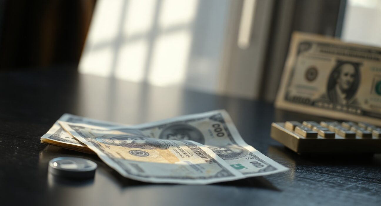 Indian rupee banknotes and a US dollar bill on a dark surface with a currency converter, representing forex market pressure.