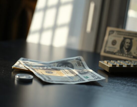 Indian rupee banknotes and a US dollar bill on a dark surface with a currency converter, representing forex market pressure.