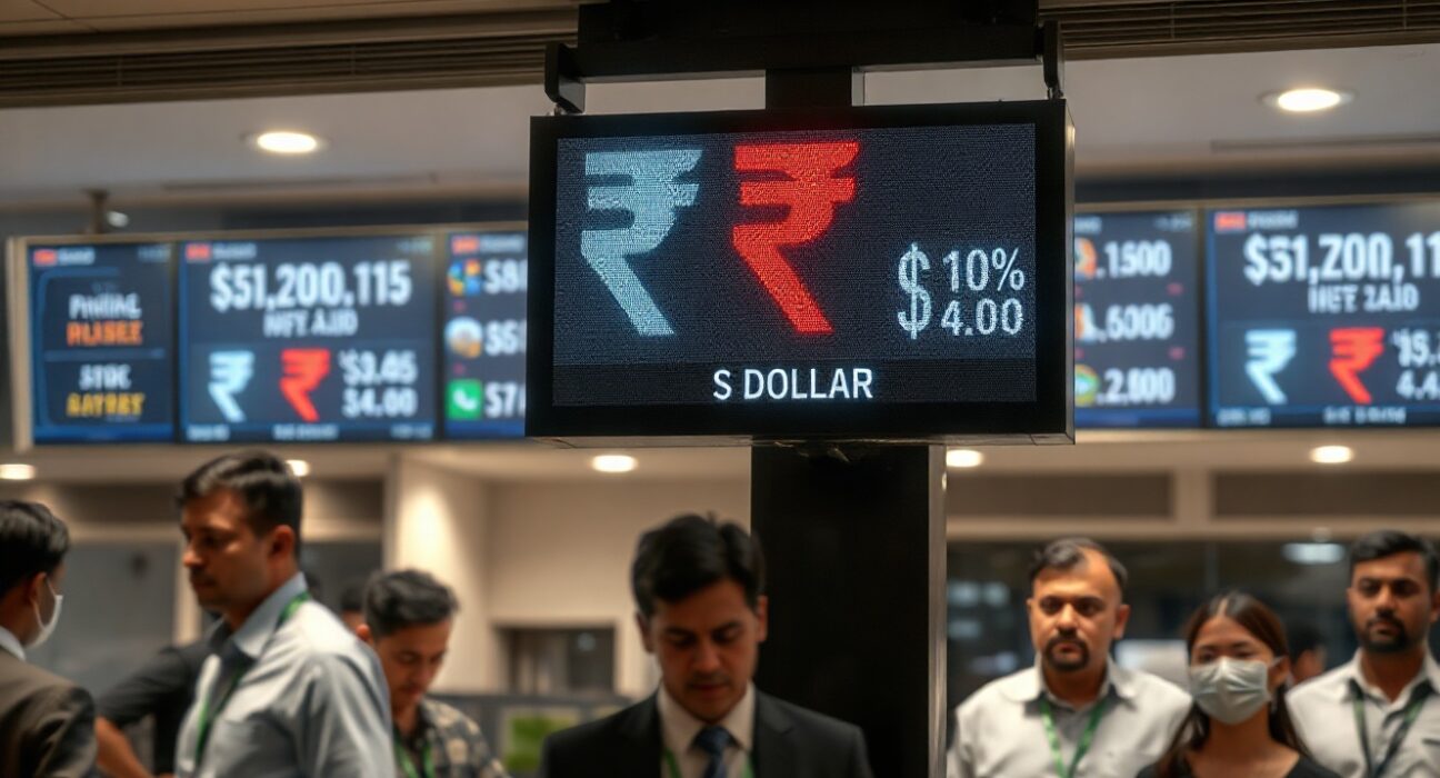 Digital exchange rate board showing Indian Rupee falling against US Dollar in a financial district