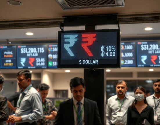 Digital exchange rate board showing Indian Rupee falling against US Dollar in a financial district