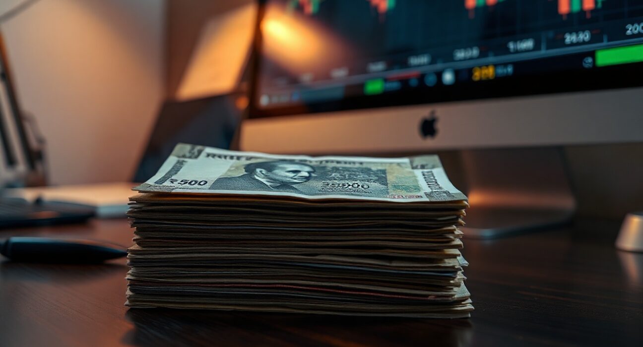 Stack of Indian rupee banknotes with a blurred forex chart in the background showing a downward trend.