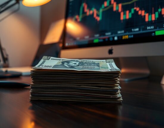 Stack of Indian rupee banknotes with a blurred forex chart in the background showing a downward trend.