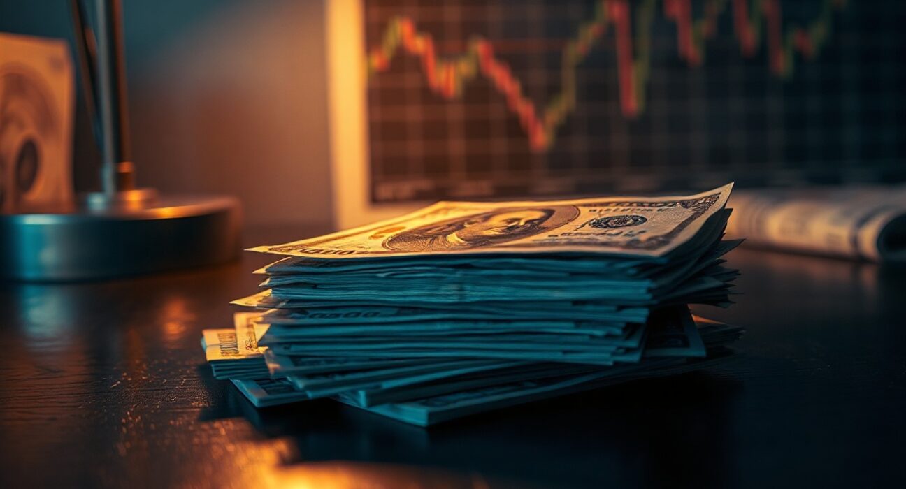 Stack of Indian rupee notes and US dollar bills on a desk, representing currency exchange and forex market trends.