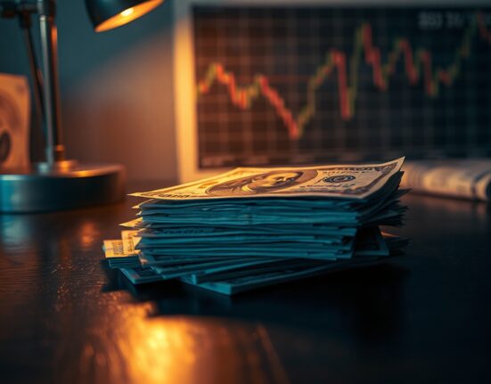 Stack of Indian rupee notes and US dollar bills on a desk, representing currency exchange and forex market trends.