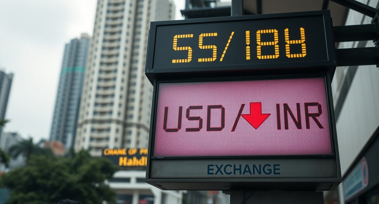 Currency exchange board in Mumbai showing falling rupee against dollar