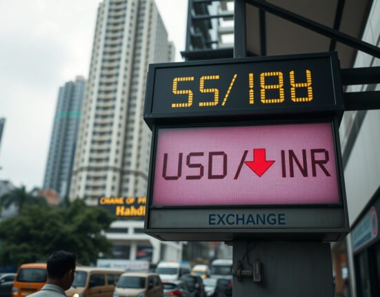 Currency exchange board in Mumbai showing falling rupee against dollar