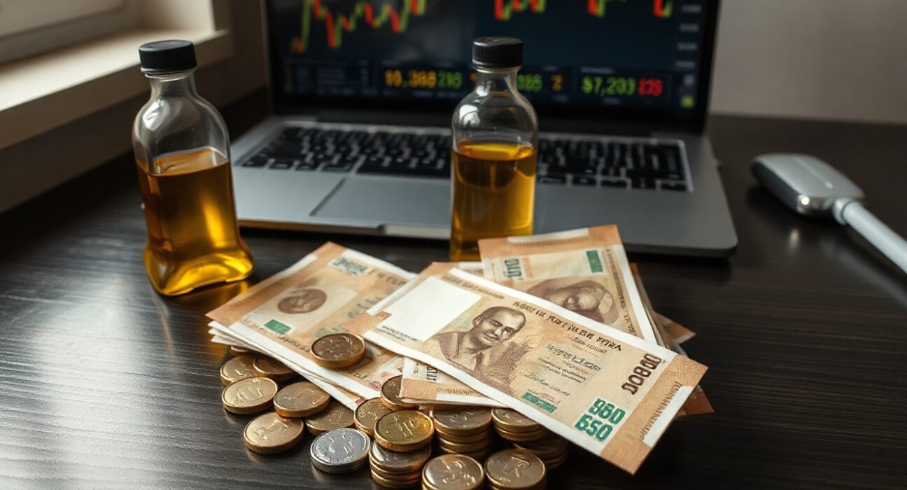 Indian rupee notes and coins with a small oil bottle and financial chart on a desk