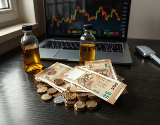 Indian rupee notes and coins with a small oil bottle and financial chart on a desk