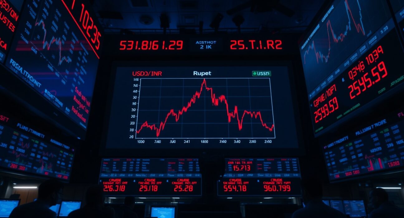 Trading floor screens show falling rupee and rising oil prices amid US-Iran tensions