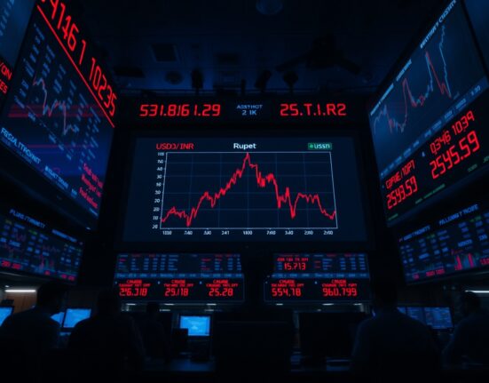 Trading floor screens show falling rupee and rising oil prices amid US-Iran tensions