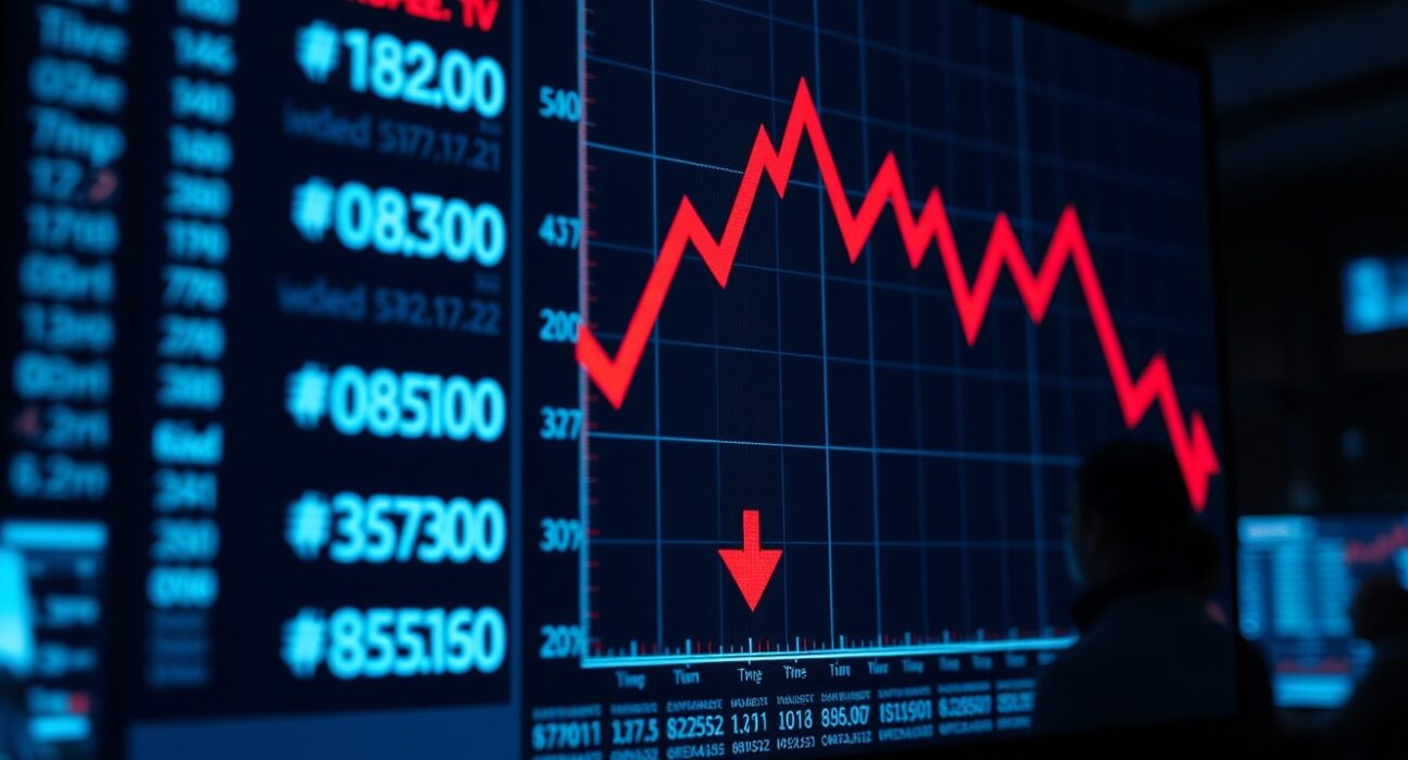 Financial screen showing falling USD/INR exchange rate chart with red indicators in a trading room