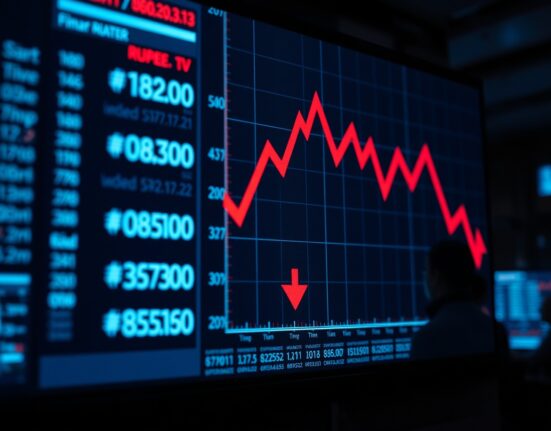 Financial screen showing falling USD/INR exchange rate chart with red indicators in a trading room