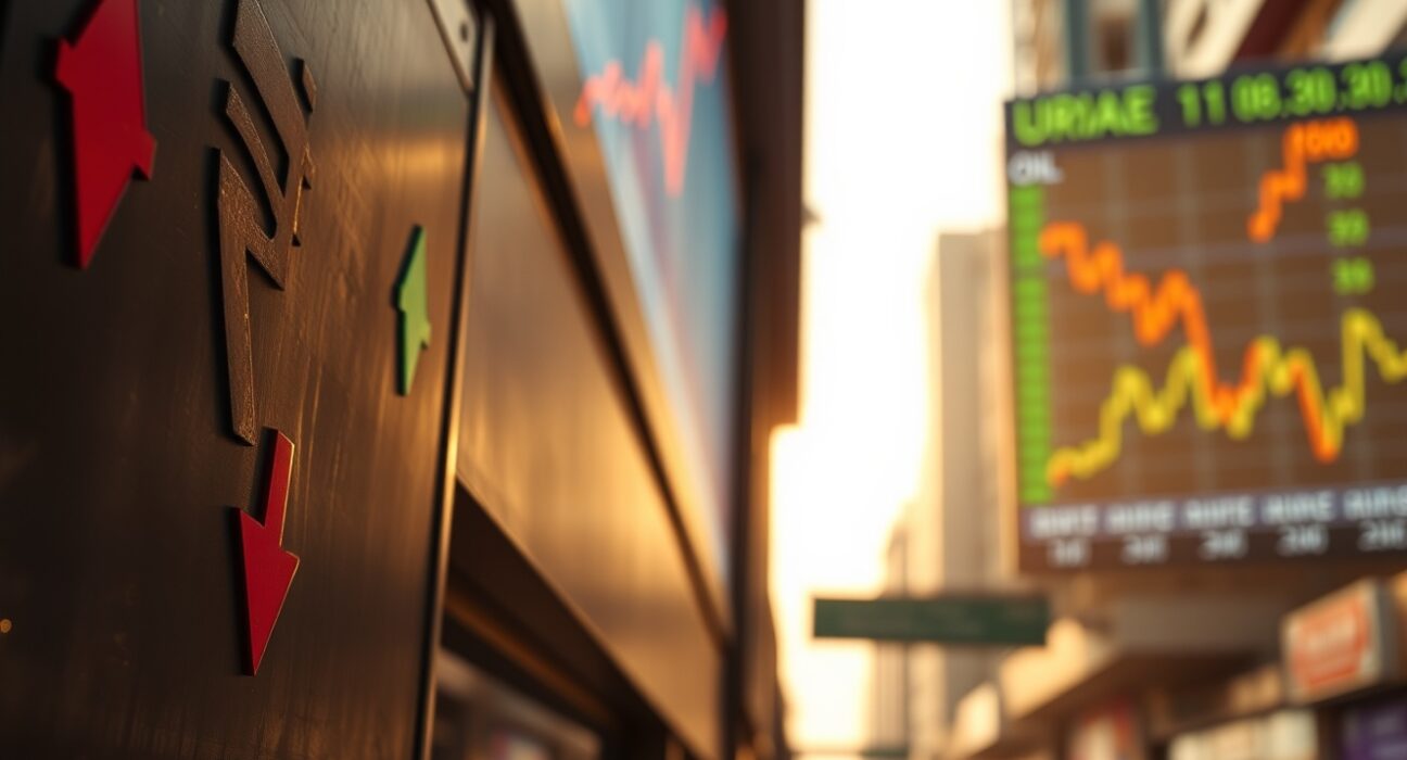 Currency exchange board showing Indian Rupee falling against US Dollar with oil price chart in background