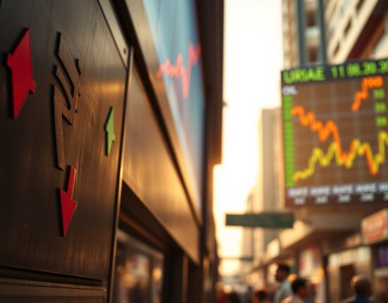 Currency exchange board showing Indian Rupee falling against US Dollar with oil price chart in background