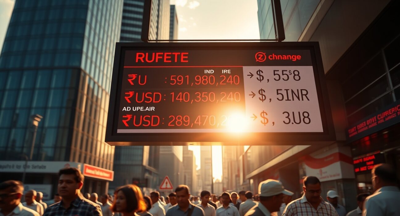 Currency exchange board in Mumbai showing falling Indian rupee against US dollar after US-Iran ceasefire collapse