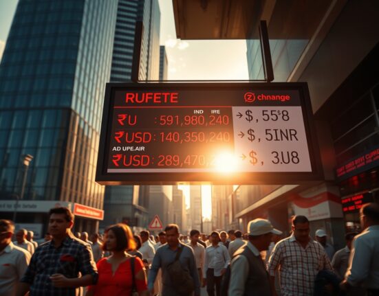 Currency exchange board in Mumbai showing falling Indian rupee against US dollar after US-Iran ceasefire collapse