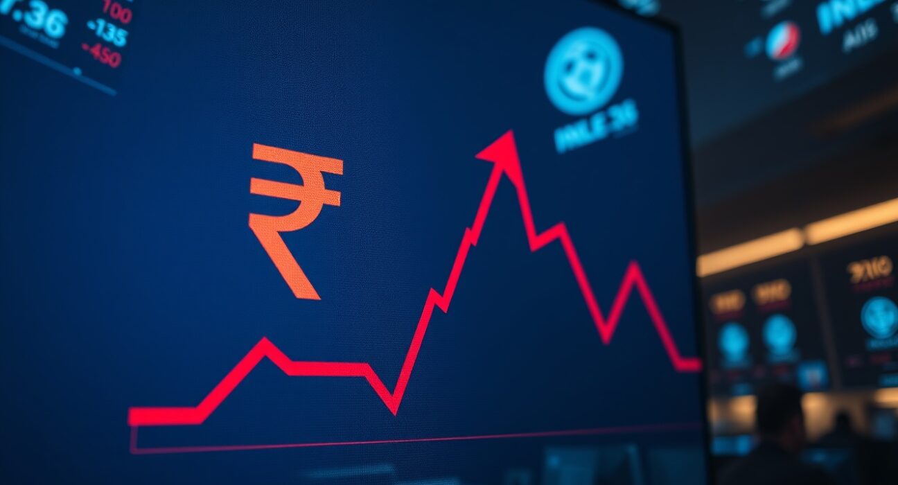 Indian rupee symbol with declining chart line on a trading floor display