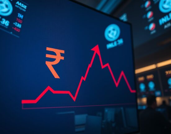 Indian rupee symbol with declining chart line on a trading floor display
