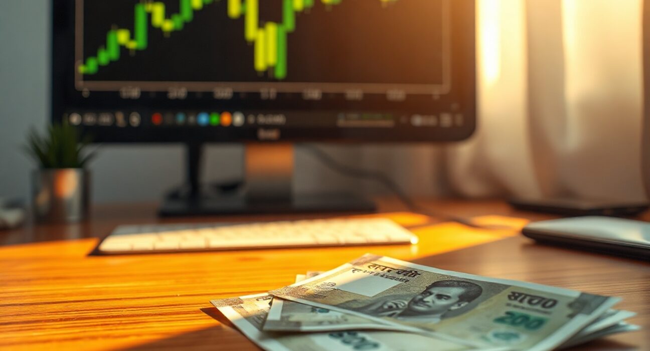 Indian rupee banknotes on a desk with a computer monitor showing a rising chart and FII indicators in the background.