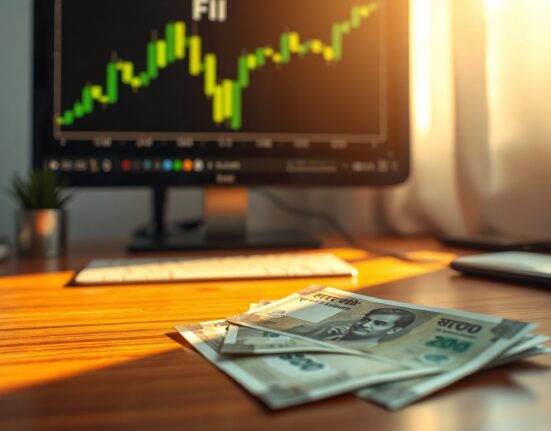 Indian rupee banknotes on a desk with a computer monitor showing a rising chart and FII indicators in the background.
