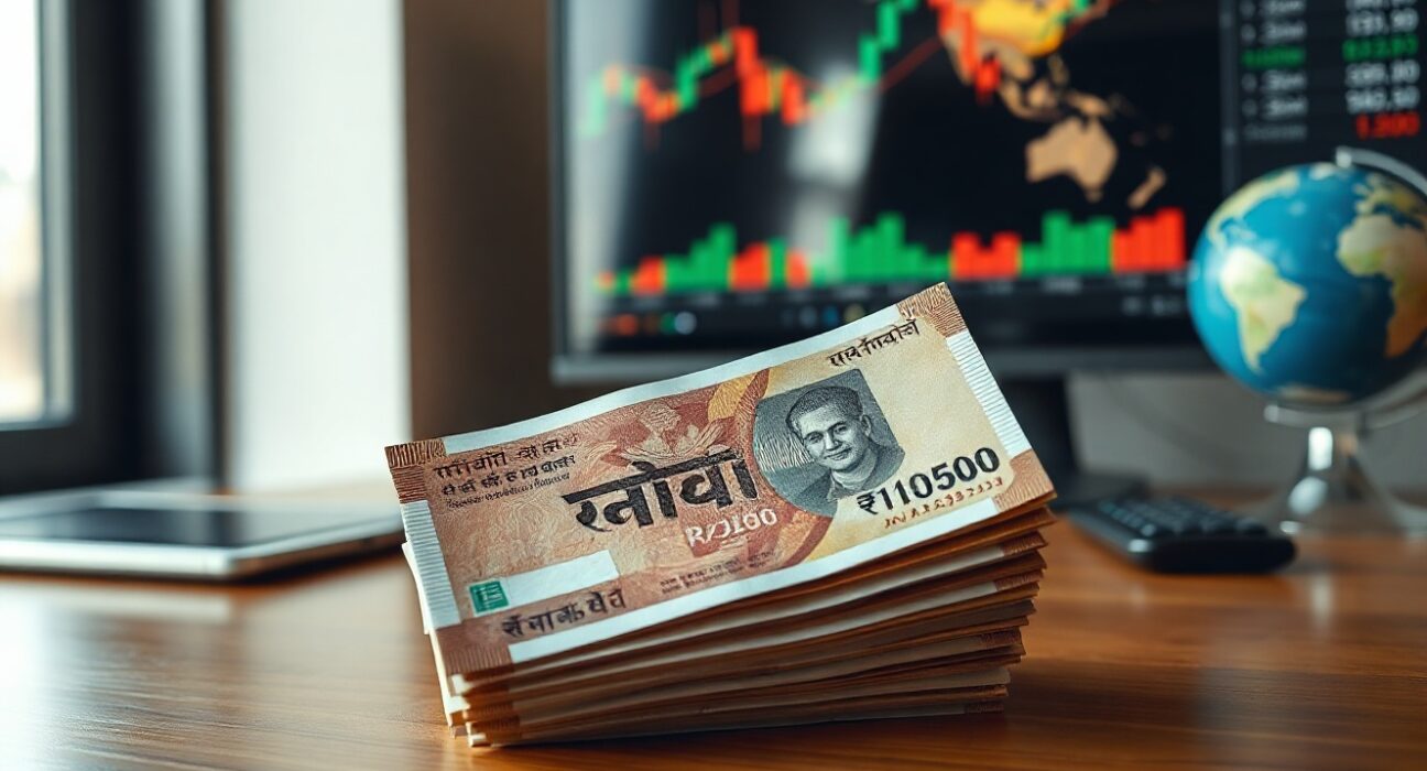 Stack of Indian rupee banknotes on a desk with a financial chart and globe in the background