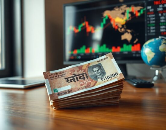 Stack of Indian rupee banknotes on a desk with a financial chart and globe in the background