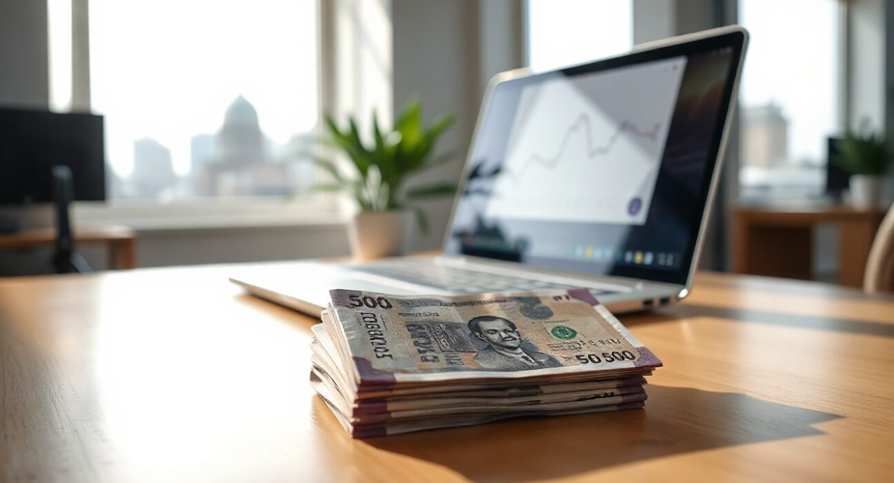 Stack of Indian rupee notes with a laptop showing a flat exchange rate chart in a modern office setting.