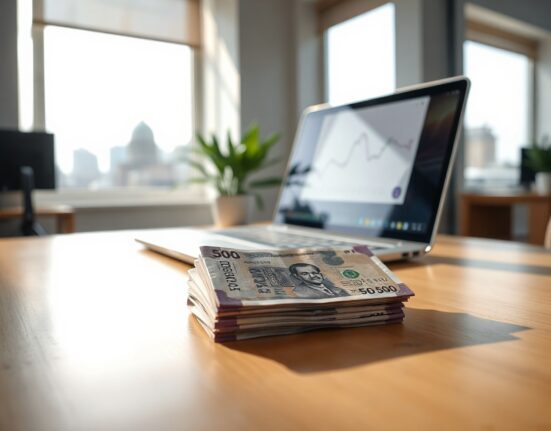 Stack of Indian rupee notes with a laptop showing a flat exchange rate chart in a modern office setting.