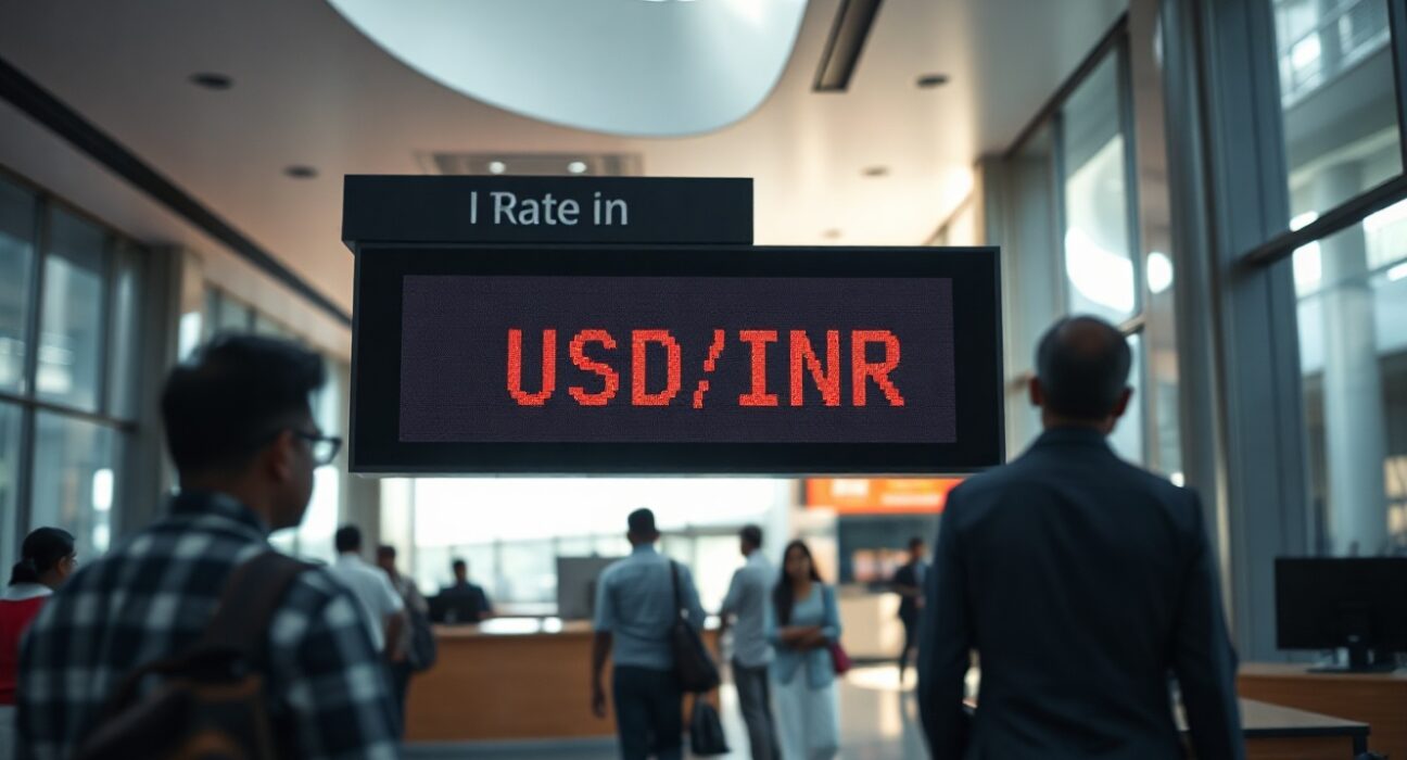 Digital currency exchange board showing USD/INR rate in a Mumbai bank lobby