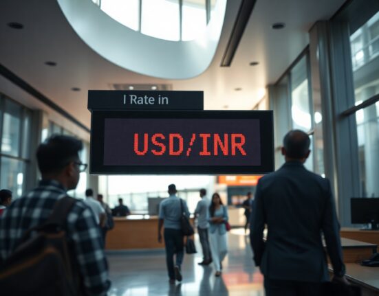 Digital currency exchange board showing USD/INR rate in a Mumbai bank lobby