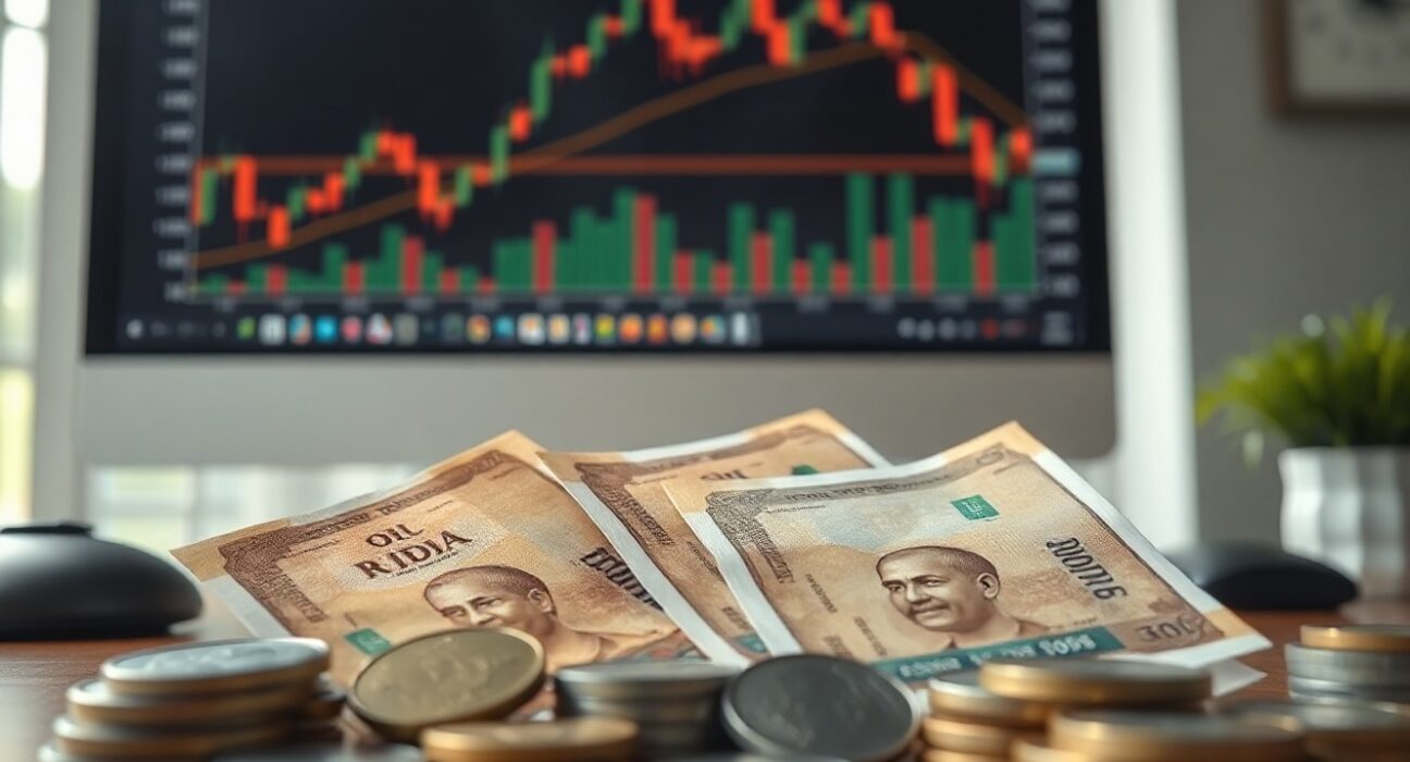 Indian rupee notes and coins on a desk with a chart in the background