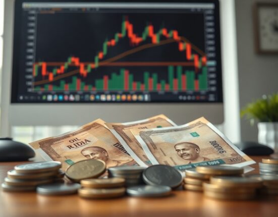 Indian rupee notes and coins on a desk with a chart in the background