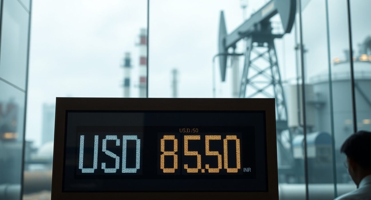 Digital currency exchange board showing USD/INR rate with oil refinery in background