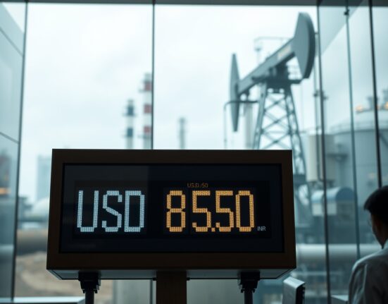 Digital currency exchange board showing USD/INR rate with oil refinery in background